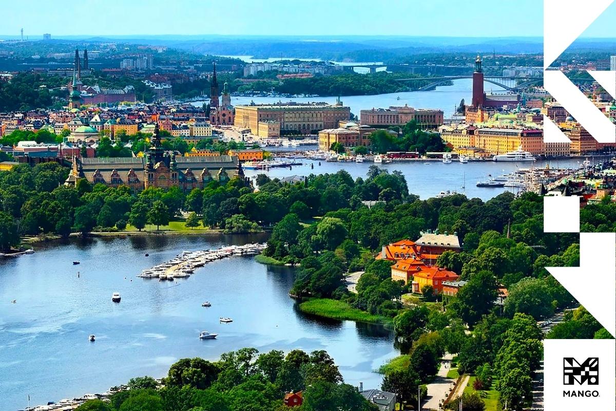Downtown of Swedish city with historical buildings and bridges